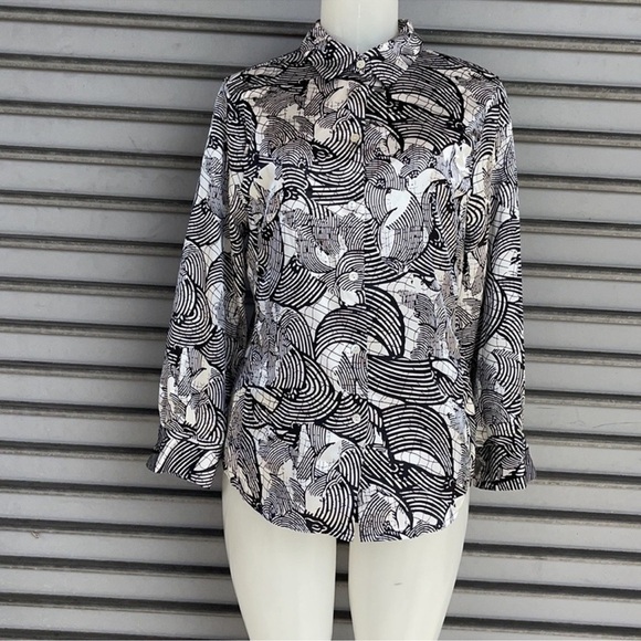 Investments Black and White Abstract Button Down Shirt Size 12 - Picture 7 of 11